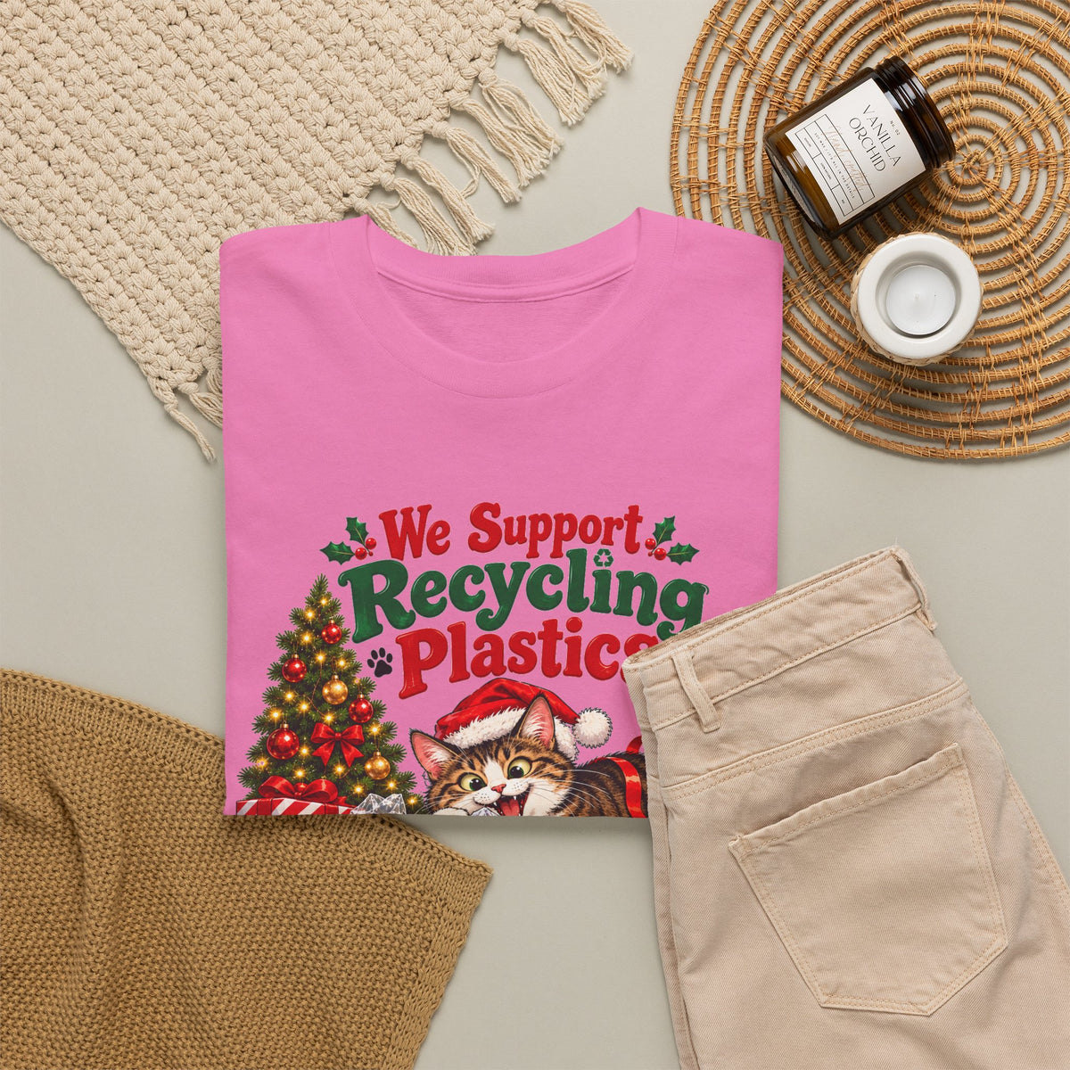 Recycling Plastics Cat Christmas T-Shirt