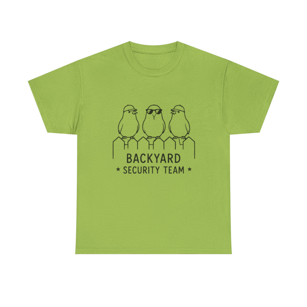Backyard Security Team T-Shirt — Cute Bird Fence Graphic Tee
