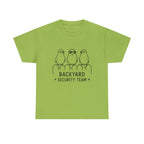 Backyard Security Team T-Shirt — Cute Bird Fence Graphic Tee