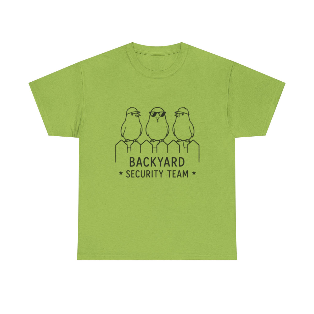 Backyard Security Team T-Shirt — Cute Bird Fence Graphic Tee