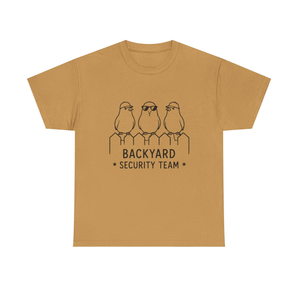 Backyard Security Team T-Shirt — Cute Bird Fence Graphic Tee