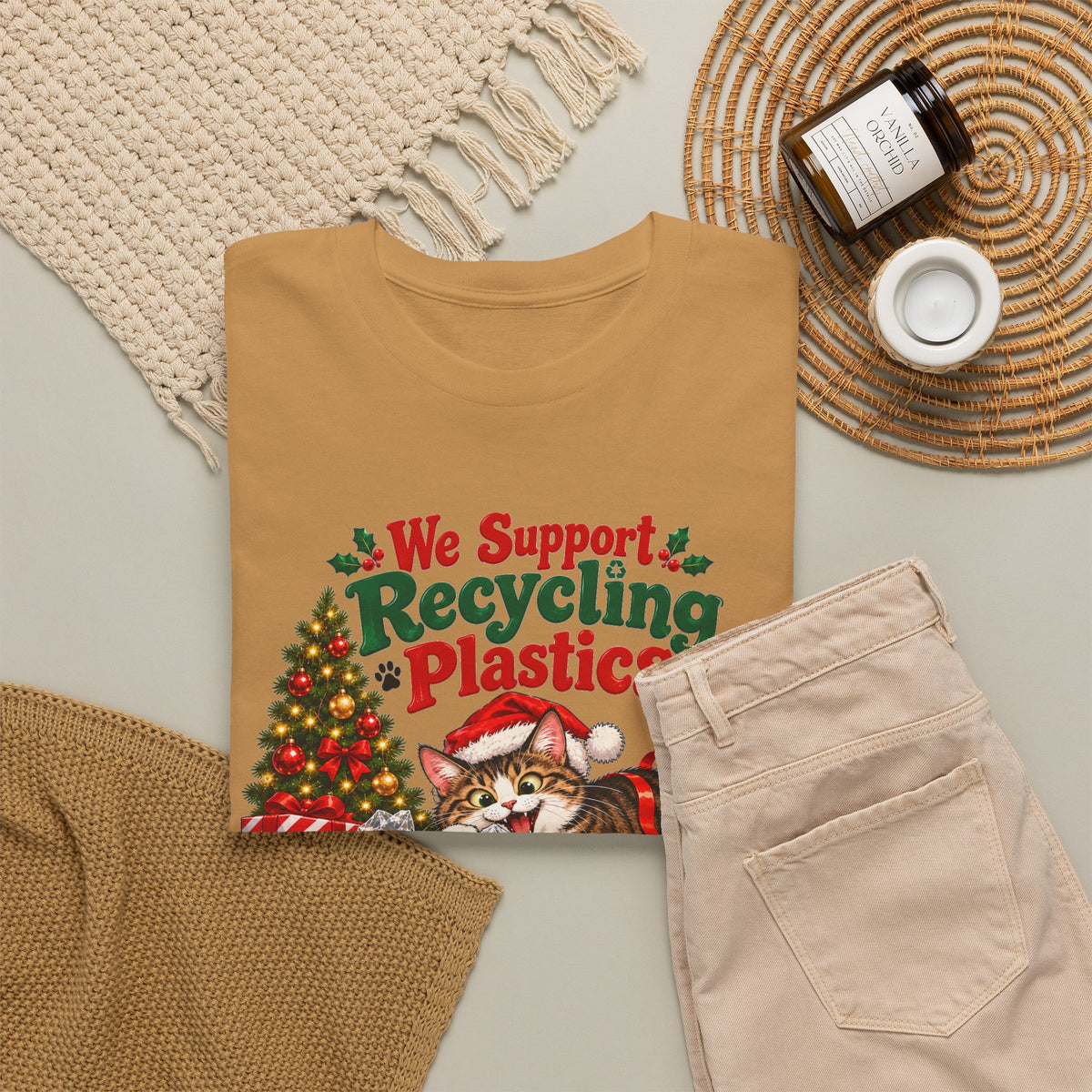 Recycling Plastics Cat Christmas T-Shirt