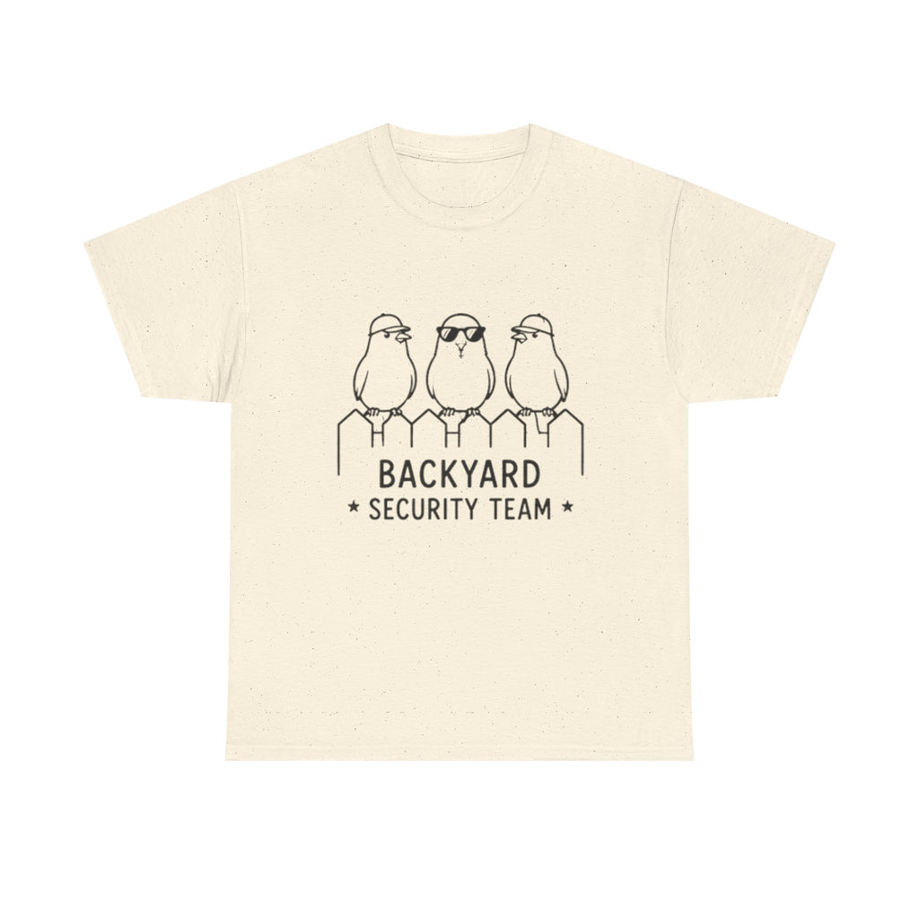 Backyard Security Team T-Shirt — Cute Bird Fence Graphic Tee