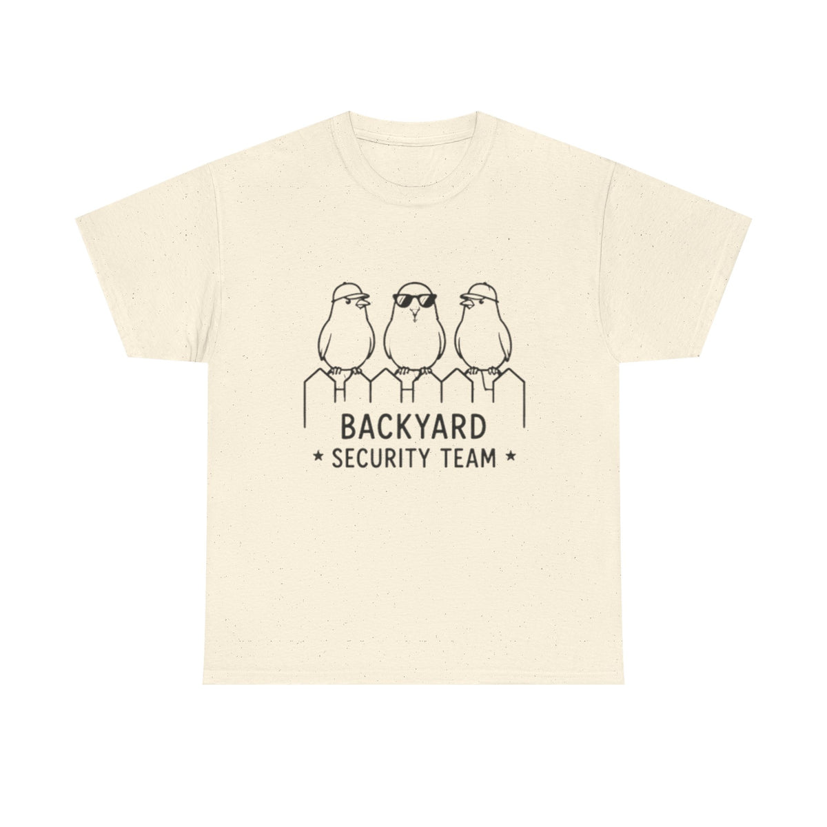 Backyard Security Team T-Shirt — Cute Bird Fence Graphic Tee