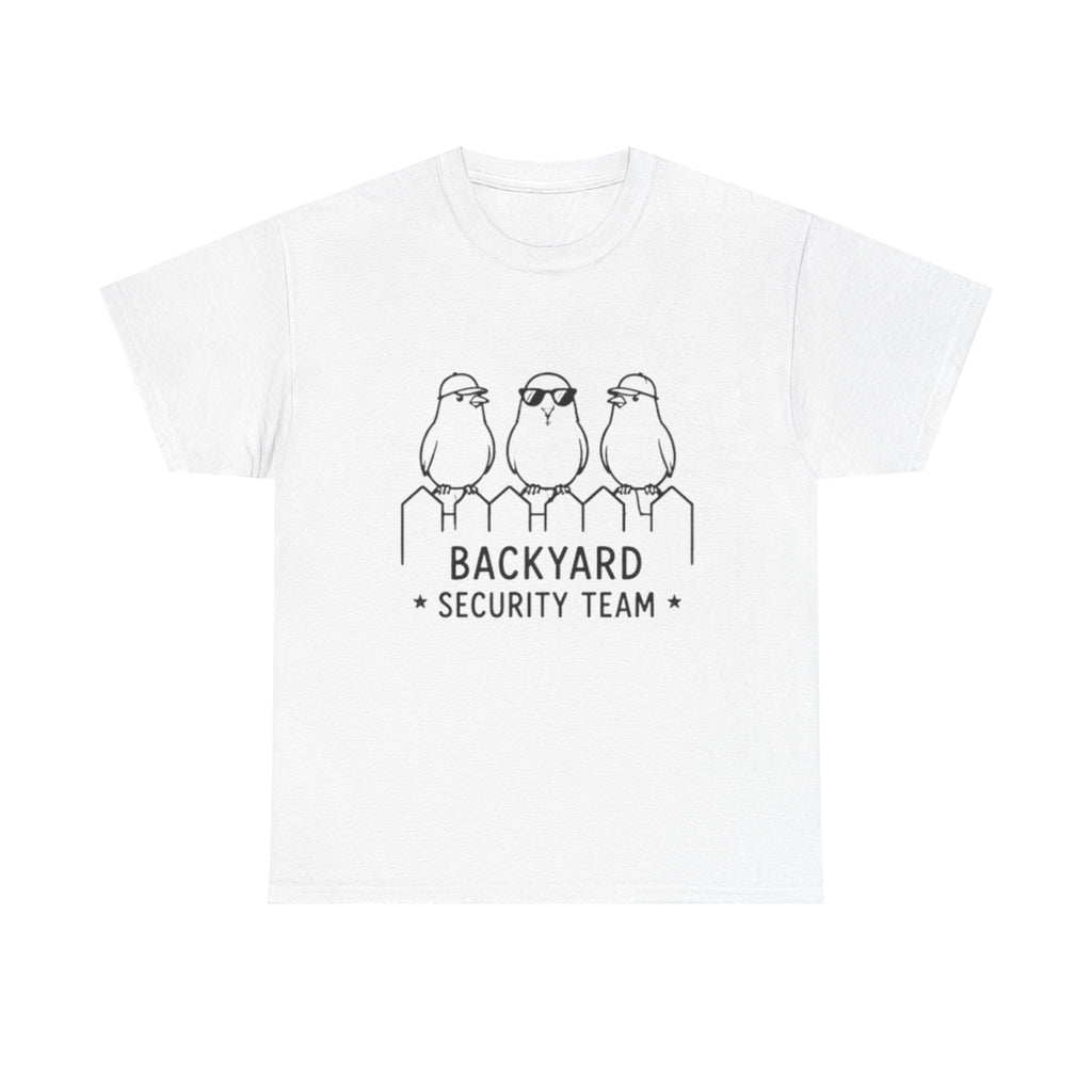 Backyard Security Team T-Shirt — Cute Bird Fence Graphic Tee