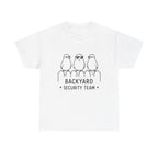 Backyard Security Team T-Shirt — Cute Bird Fence Graphic Tee