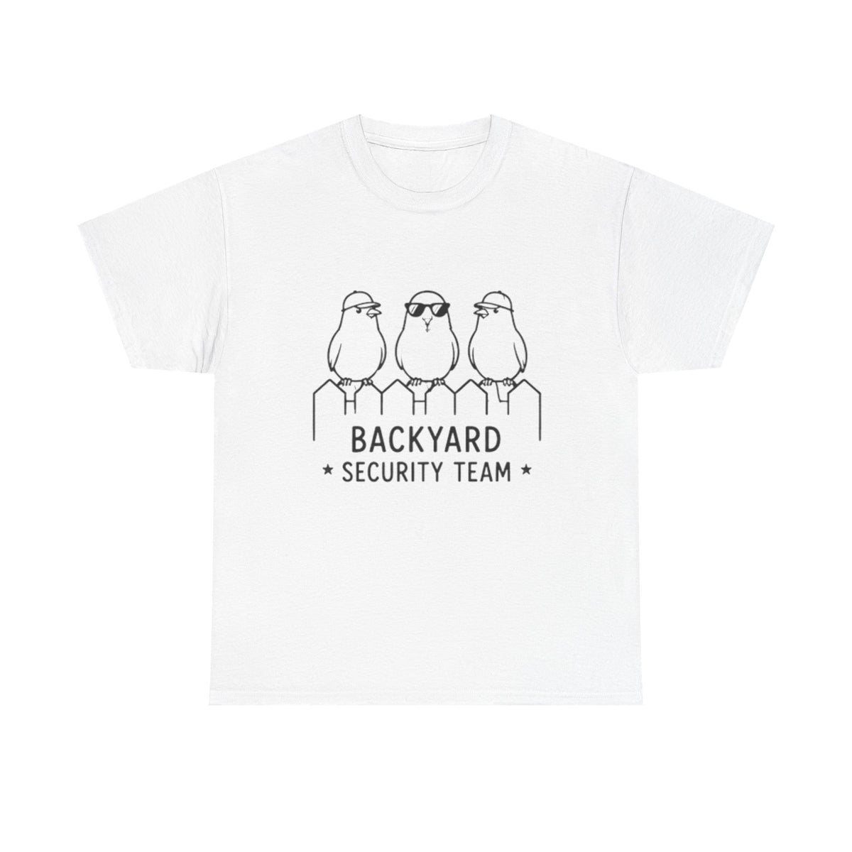 Backyard Security Team T-Shirt — Cute Bird Fence Graphic Tee