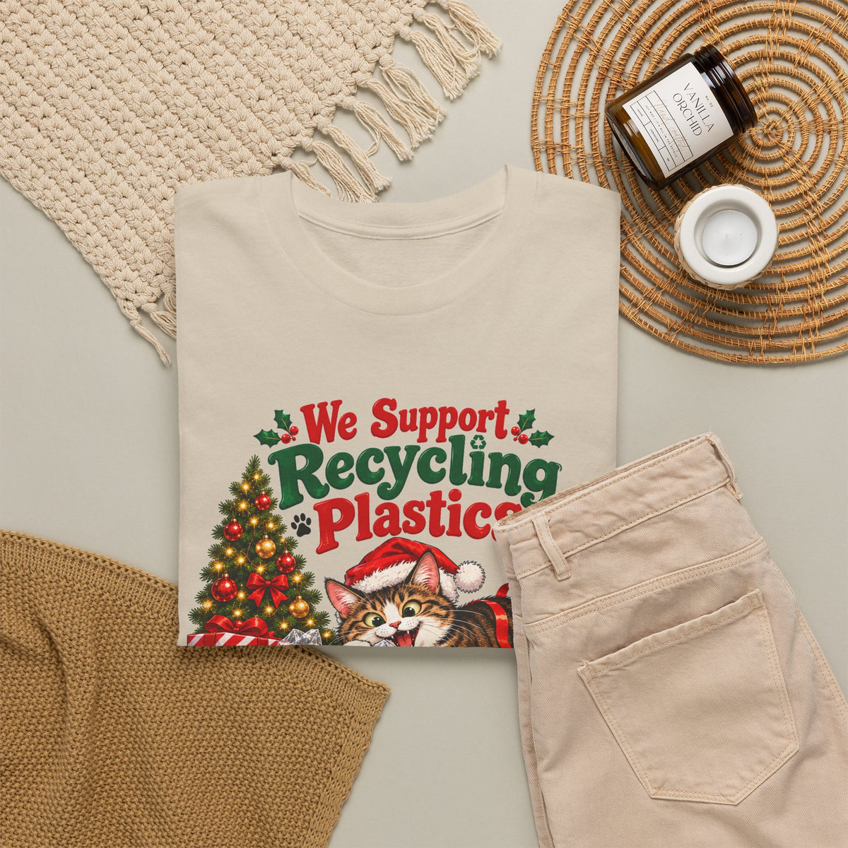 Recycling Plastics Cat Christmas T-Shirt
