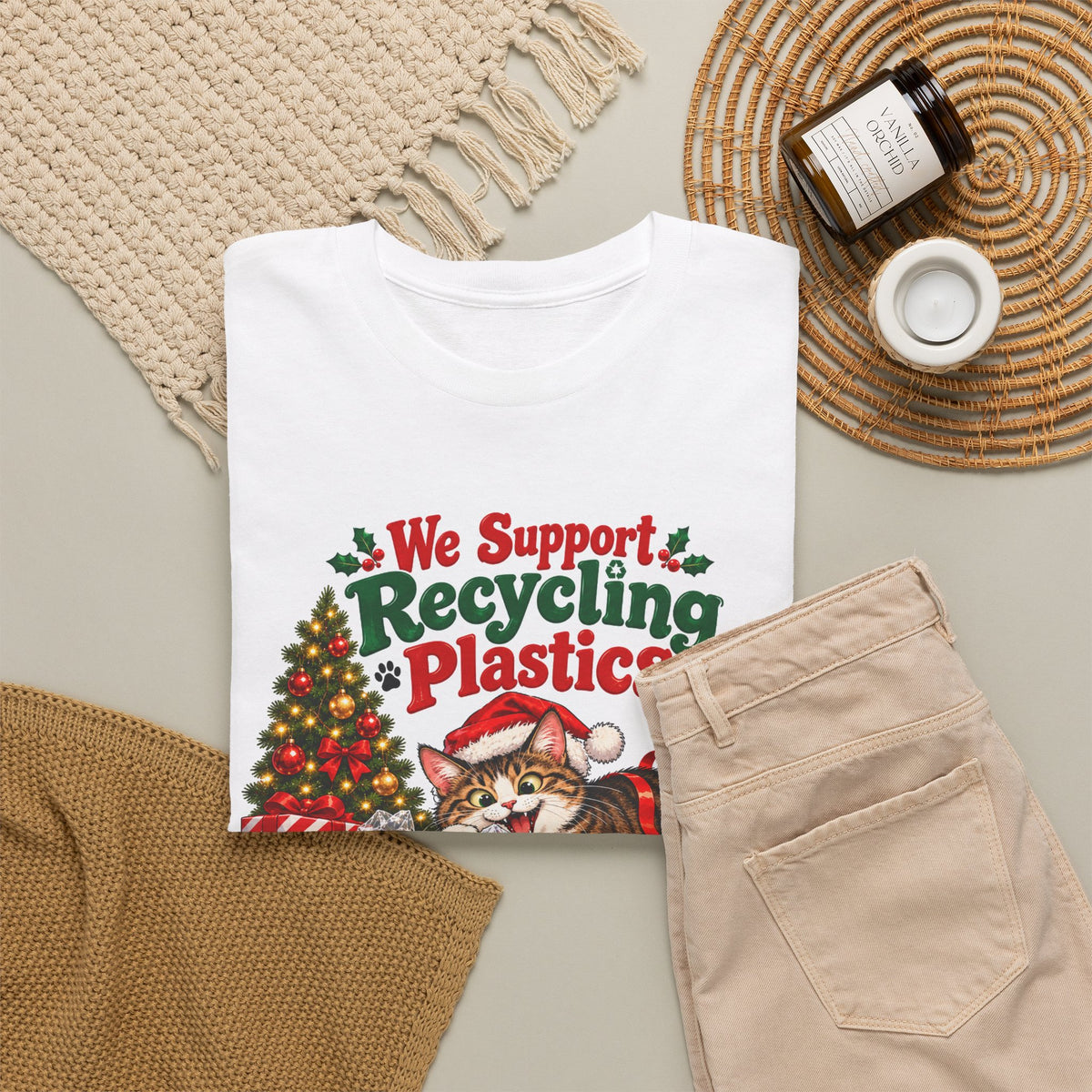 Recycling Plastics Cat Christmas T-Shirt