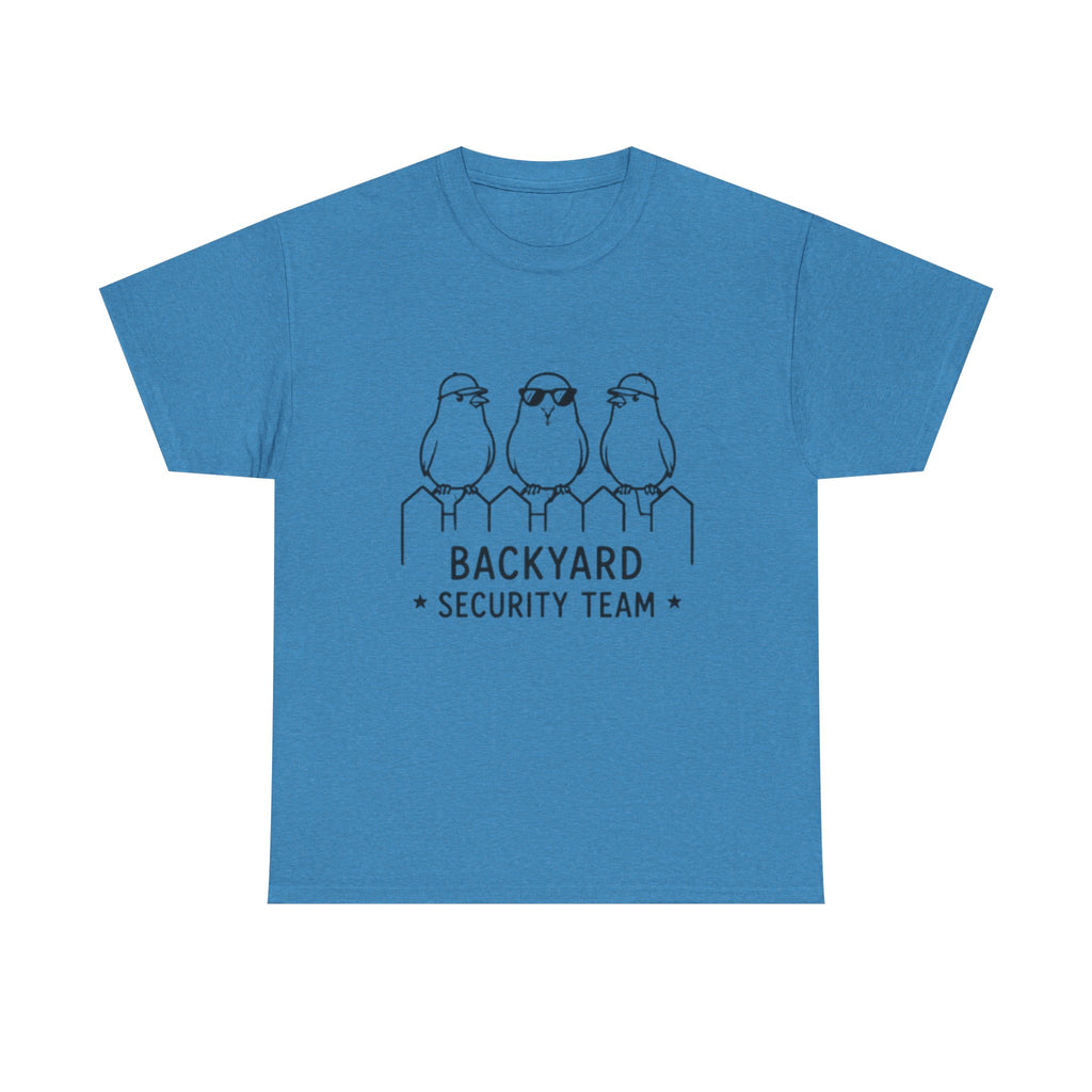 Backyard Security Team T-Shirt — Cute Bird Fence Graphic Tee